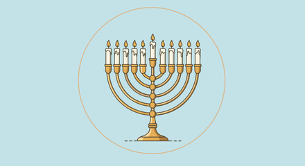 A golden menorah with lit candles stands centrally against a pastel blue background within a circular frame.