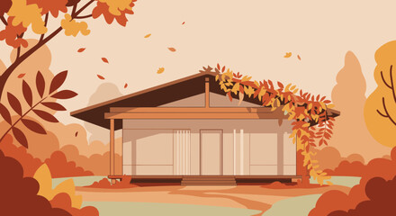 Stylized mid-century modern house with vibrant autumn foliage and falling leaves, set against a soft, warm background.