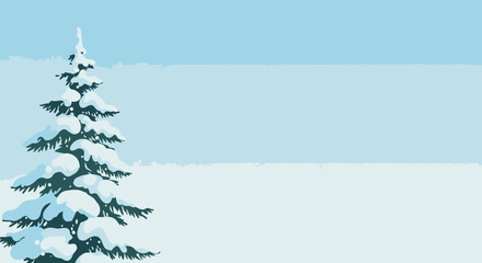Snow-covered fir tree against a pale blue sky and snowy landscape