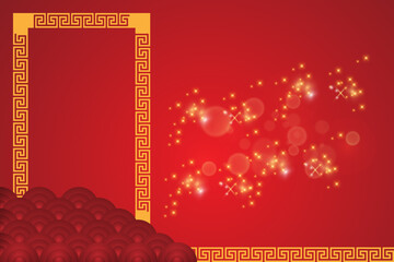 Chinese New Year background with golden frame and lanterns. Vector illustration.