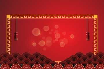 Chinese New Year background with red paper lanterns and gold frame.