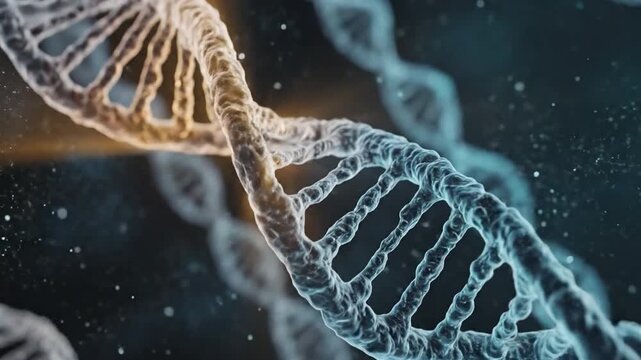 Genetic Blueprint: An intricate 3D rendering of a DNA double helix, glowing with vibrant light and representing the essence of life's code.