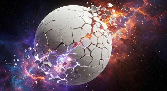 Explosion cosmique dramatique une sph�re blanche se brise avec une lumi�re intense illuminant la n�buleuse vibrante. AI Generated