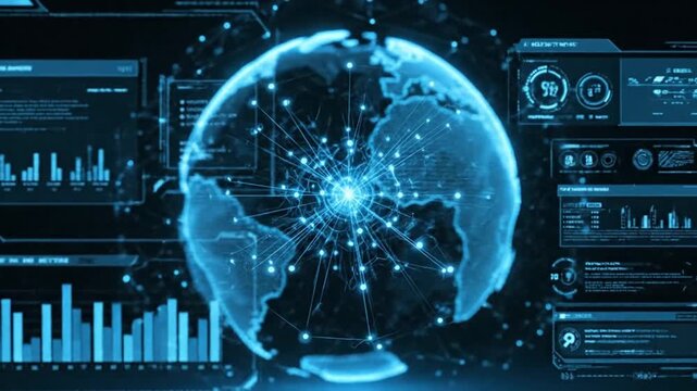  Blockchain network visualization, interconnected nodes forming a globe, futuristic UI design 4k video 