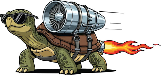 Speedy tortoise wearing sunglasses with jet engine on its back blasting fire and smoke accelerating fast