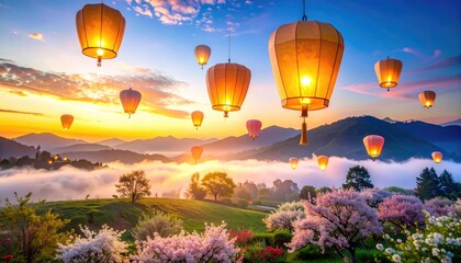 A picturesque landscape of lanterns floating in the sky over a scenic valley with flowers during sunset