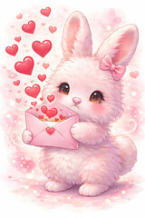 Fototapeta premium Cute Pink Fluffy Bunny Holding Love Letter with Flying Hearts Valentine Illustration 