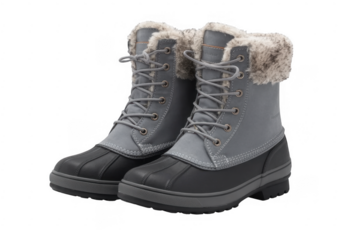 Gray and black winter boots with fur gray boots black boots isolated on a transparent background