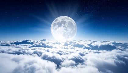 Giant full moon shines above a sea of fluffy clouds, against a deep blue starry sky