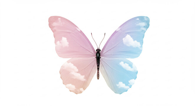 Papillon aux ailes pastel rose et bleu nuages legers flottant creativite et reve design aerien lumineux sur blanc. AI Generated