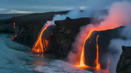 Volcanic eruption into ocean lava flow meets water steam explosions natural wonder geological formation volcano - Powered by Adobe