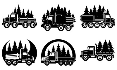 Fototapeta premium Black and white truck carrying trees silhouette with transparent background