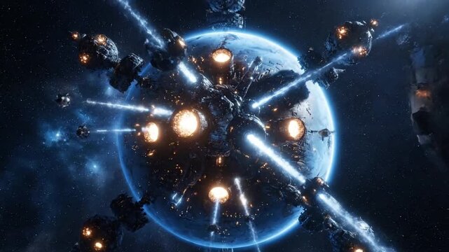 Dyson sphere concept, alien structure surrounding a star, glowing energy vents..4k video