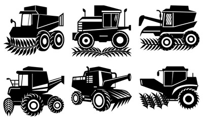Six Black Agricultural Combine Harvester Silhouettes on White Background agricultural machinery black silhouette