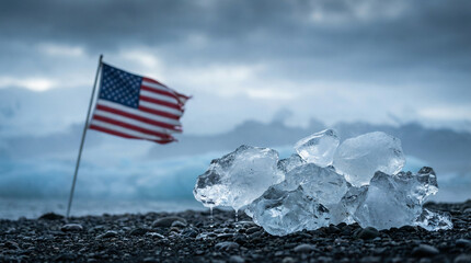 Melting ice and the American flag in the background. Arctic landscape, North Pole. Geopolitics and climate change.