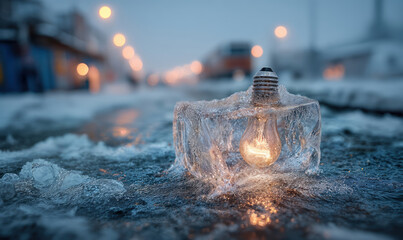 Glowing light bulb frozen inside ice block on snowy urban street symbolizing winter energy crisis and infrastructure disruption in cold weather. Winter Infrastructure Attacks in Ukraine