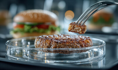 Cultivated meat burger patty in petri dish with fork holding cellular lab grown meat piece and blurred burger in background, alternative protein food technology concept