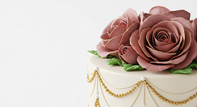 G�teau raffin� orn� de roses comestibles et de guirlandes dor�es cr�ant une esth�tique festive luxueuse. AI Generated