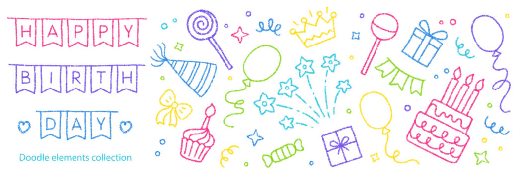 Crayon doodle icons for birthday party with cake, balloons, gift boxes and firecracker. Cute Happy birthday set with cake with candles, flags, confetti, lollipop and party hat, vector illustration