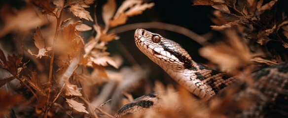 Viper moves silently over cracked leaves evoking wild tension and quiet danger.