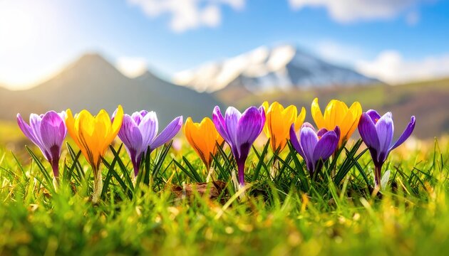 Vibrant spring crocus flowers blooming in a sunny meadow with mountains in the background