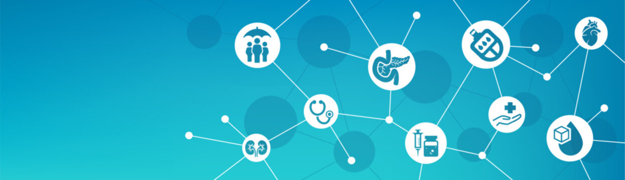 Diabetes vector illustration. Blue banner with icons related to diabetes monitoring and diagnostics, health care, blood glucose check, most affected organs (pancreas, kidneys, heart).