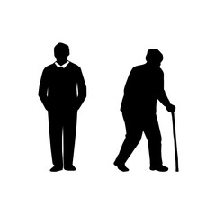Senior People Silhouette Set. Elderly Men and Women Walking Sitting Standing Line Art Vector. Active Aging Lifestyle Illustration. Retirement Couple Family Outdoor Concept.Minimal Black Outline People
