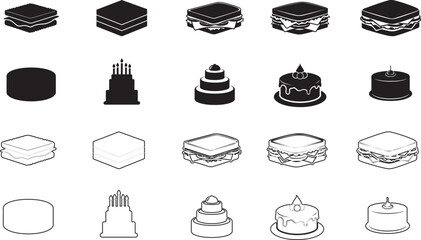 Variety of cake and sandwich illustrations in black and white