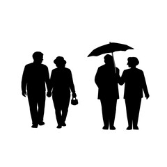 Senior People Silhouette Set. Elderly Men and Women Walking Sitting Standing Line Art Vector. Active Aging Lifestyle Illustration. Retirement Couple Family Outdoor Concept.Minimal Black Outline People