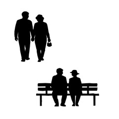 Senior People Silhouette Set. Elderly Men and Women Walking Sitting Standing Line Art Vector. Active Aging Lifestyle Illustration. Retirement Couple Family Outdoor Concept.Minimal Black Outline People