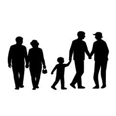 Senior People Silhouette Set. Elderly Men and Women Walking Sitting Standing Line Art Vector. Active Aging Lifestyle Illustration. Retirement Couple Family Outdoor Concept.Minimal Black Outline People