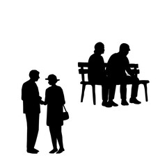 Senior People Silhouette Set. Elderly Men and Women Walking Sitting Standing Line Art Vector. Active Aging Lifestyle Illustration. Retirement Couple Family Outdoor Concept.Minimal Black Outline People