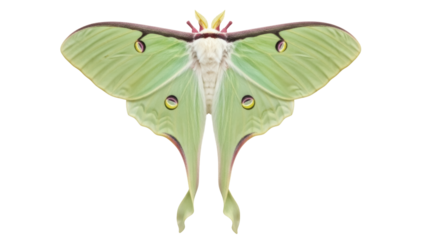 Isolated Luna moth specimen, North American insect, pale green wings with eyespots, antennae
