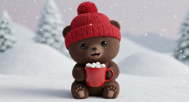 Mignon ourson brun en bonnet rouge pompon partage un chocolat chaud cremeux avec guimauves sous la neige scintillante. AI Generated