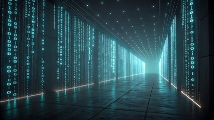 Digital Data Streams Flowing Through a Futuristic Tunnel