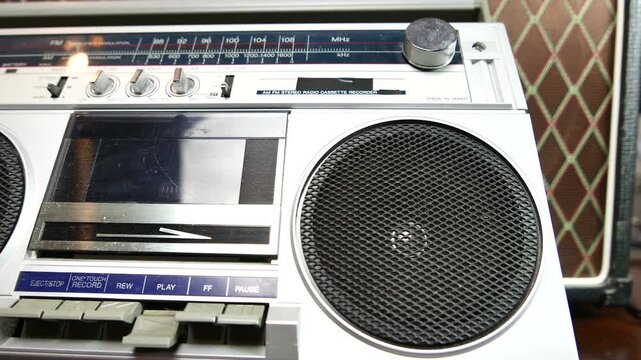 A vintage boombox ghetto blaster from 1985. Shot from a motorized slider. No color corrections made.