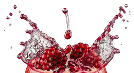 Pomegranate explodes in mid-air with juicy seeds and liquid splashing outward against a clean white background with a colorful border of fruit.