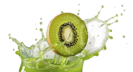 A halved kiwi surrounded by splashing juice droplets against a clean white background with a green border of liquid.