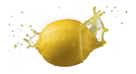 A lemon splashes into a clean white background with a burst of juice and water droplets creating a dynamic border effect.