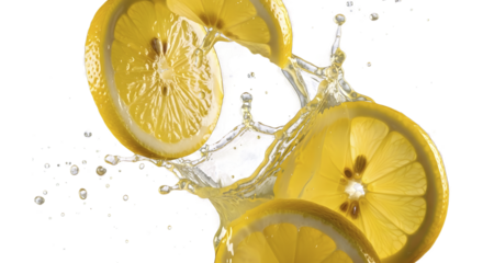 Close-up shot of sliced lemons with water splashes against a clean white background, showcasing fruit and border details.