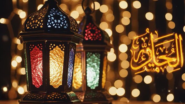 Colorful lanterns with intricate designs and arabic calligraphy