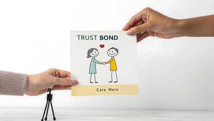 Illustrative Card of Two Figures Holding Hands With 'Trust Bond' and 'Care More' Text