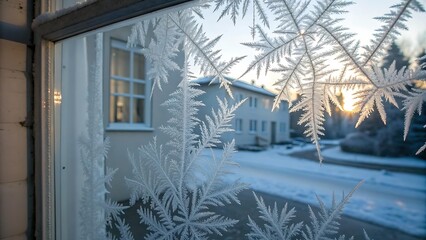 Intricate Frost Patterns on a Windowpane in Winter