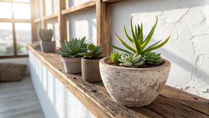 Minimalist Succulent Arrangement in Rough Clay Pot on Wooden Shelf