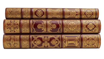 Isolated antique books stacked spines up with gold tooling and embellishments, ornate