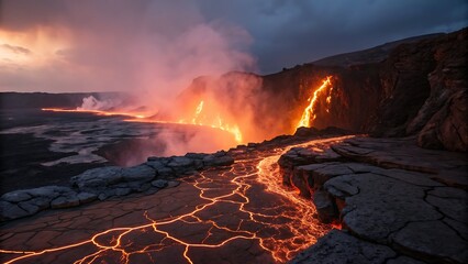 Molten Lava Flowing from a Volcano Under a Dramatic Sky