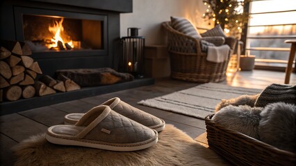 Pair of Comfortable Slippers Placed Beside a Fireplace