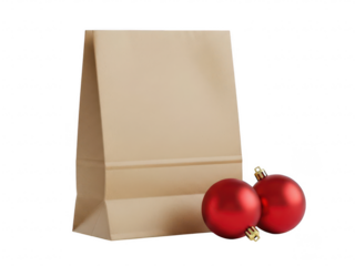 Brown paper bag with red christmas ornaments isolated on transparent background