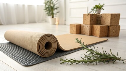 Rolled Yoga Mat With Cork Blocks In A Serene Room