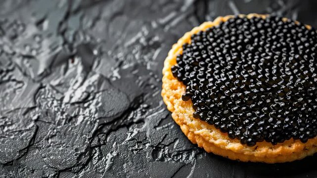 Round cracker with black caviar on dark textured surface